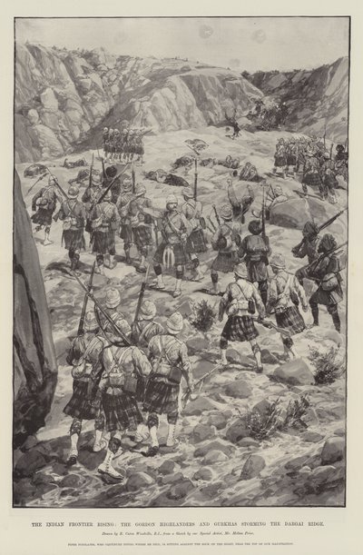 The Indian Frontier Rising, Gordon Highlanders og Gurkhas stormer Dargai Ridge af Richard Caton Woodville junior