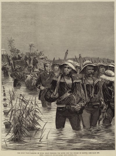 Zulu-krigen, sømænd fra HMS Shah krydser floden for at hjælpe Ekowe af Richard Caton Woodville junior