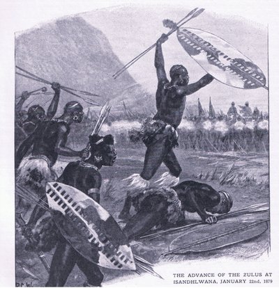 Zuluernes fremmarch ved Isandhlwana 22. januar 1879, illustration fra britiske slag på land og hav, 1915 af Richard Caton Woodville junior