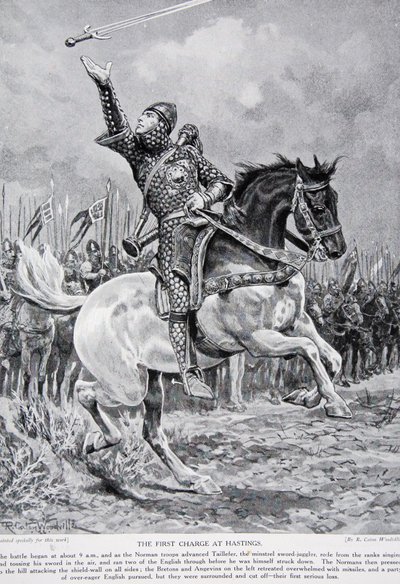 Det første angreb ved Hastings: Taillefer, den minstrel-sværd-jonglør, red fra rækkerne syngende og kastede sit sværd i luften, 1066, illustration fra 