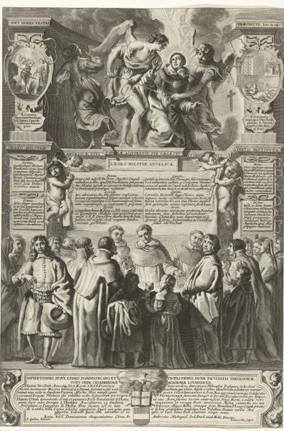 Instelling van de broederschap Militia Angelica af Thomas Aquinas, 1649 Oprindelsen af ​​englemilitsen, den guddommelige Thomas Aquinas; under hans himmelske kyskhedsbælte, indstiftet (titel på objekt) af Richard Collin