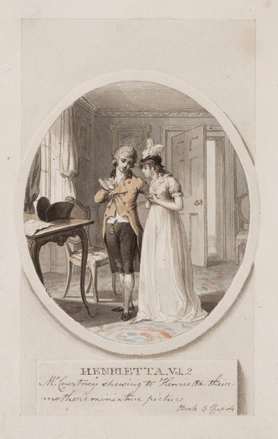 Hr. Courtney viser Henrietta deres mors miniaturebillede, Bog 5, kapitel 4, illustration til en 1798-udgave af "Henrietta" af Charlotte Lennox, ca. 1798 (blyant og wc på papir) af Richard Corbould