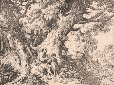 Gamle træer med gammel mand, barn og hund af Richard Corbould