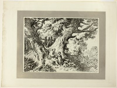 Gamle træer med gammel mand, en pige og en hund, fra det første nummer af Specimens of Polyautography af Richard Corbould