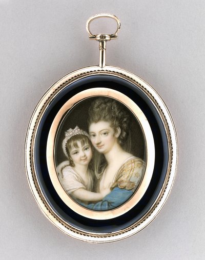 Portræt af en mor og datter, ca. 1765-70 (akvarel på elfenben, 9 karat rosa guld, hår og glas) af Richard Cosway