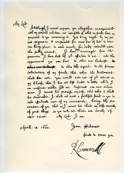 Brev fra Richard Cromwell, Lord Protector, til general George Monck, 18. april 1660. af Richard Cromwell