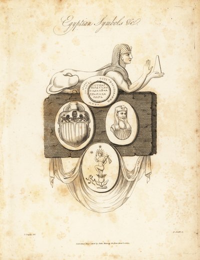 Egyptisk sphynx, skarabeebille, Horus, etc, 1823 (gravering) af Richard Dagley