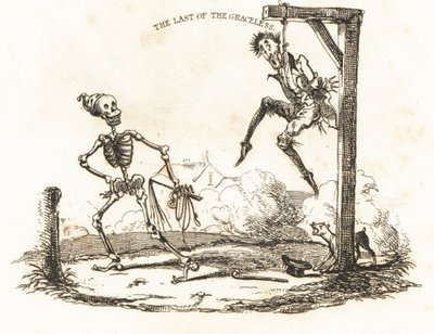 Vignette af et skelet og en mand, der hænger fra en gibbet., 1827 (gravering) af Richard Dagley