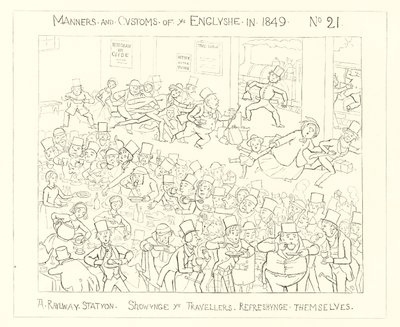 1849, En jernbanestation, hvor de rejsende tager sig en forfriskning af Richard Doyle