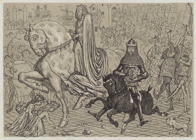 Edward den Sorte Prins, med sin fange, Kong John af Frankrig, på vej ind i London (akvatint) af Richard Doyle