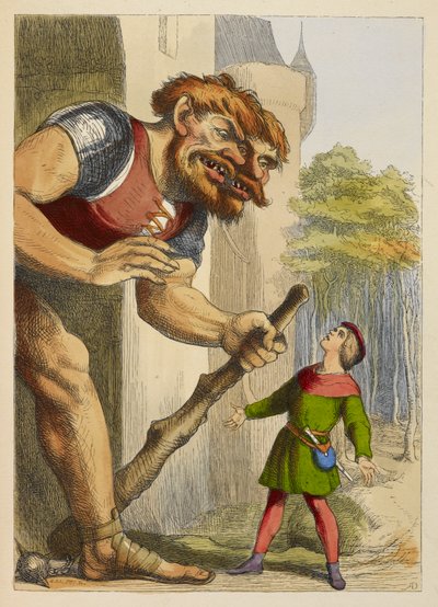 Jack kigger op på en kæmpe, der har to hoveder. Kæmpen er walisisk. Farveillustration i en børnebog. af Richard Doyle