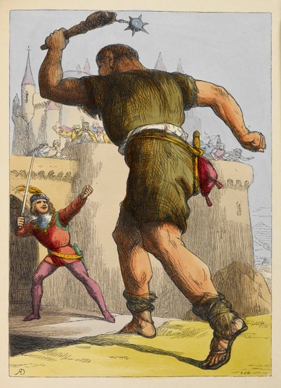 Jack klar til at kæmpe mod en kæmpe uden for et slot. Farveillustration i en børnebog. af Richard Doyle