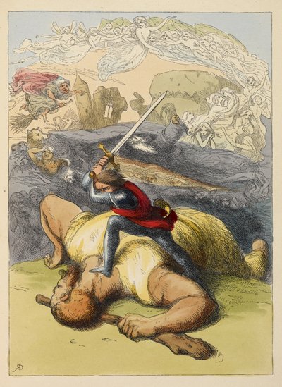 Jack stående på kroppen af en kæmpe, med hævet sværd. Farveillustration i en børnebog. af Richard Doyle