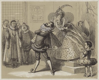 Scene mellem dronning Elizabeth og hendes yndling Essex (akvatint) af Richard Doyle