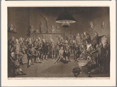 Medlemmer af Royal Academy i et interiør med en nøgen mandlig model, 1768 Det Kongelige Kunstakademi, indstiftet af kongen, i år 1768 (titel på objekt) af Richard Earlom