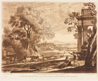 Liber Veritatis: No. 133, A Landscape, with Cattle, and the Angel Comforting Hagar, 1776. af Richard Earlom