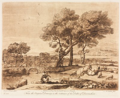 Liber Veritatis: No. 135, A Landscape, with Buildings, Mercury Stealing Admetusss Cattle..., 1776. af Richard Earlom