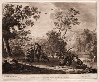 Liber Veritatis: nr. 25, et bjergrigt og skovklædt landskab med hyrder, der leger og geder, der kigger af Richard Earlom