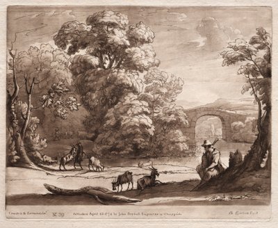 Liber Veritatis: No. 39, A Landscape with Herdsman playing a bagpipe and goats browsing, 1774. af Richard Earlom