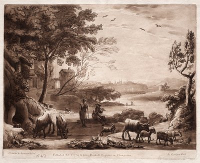 Liber Veritatis: nr. 42, Et flodlandskab med en hyrde og hyrde..., 1774. af Richard Earlom