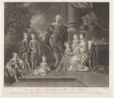 Portræt af George III, konge af Det Forenede Kongerige, og hans familie Deres allerhelligste Majestæter George den IIId og Dronning Charlotte (titel på objektet) af Richard Earlom