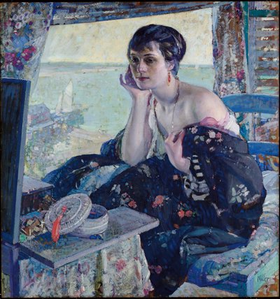 Kvinde ved et vindue (olie på panel) af Richard Emil Miller