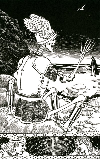 Døden som et skelet, der tager afsked med en mand, ca. 1930 (litografi) af Richard Fayerweather Babcock
