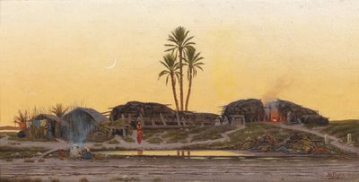 Aftenstemning over en landsby, på bagsiden med titlen Arabisches Dörfchen i Tunis af Richard Fuchs