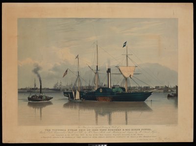 Denne plade, fra et originalt maleri af Ward, af dampskibet Victoria, med en vægt på 1200 tons og 400 hestekræfter ... søsat den 20. juni 1837 ... (akvatinte, farvelagt, karton) af Richard G. Reeve