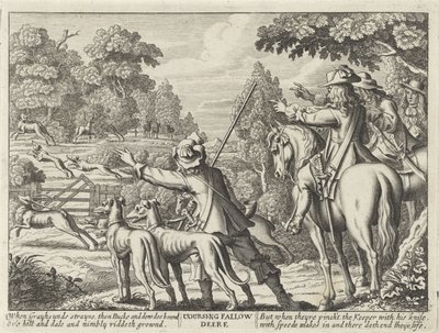 Herten nagejaagd door jachthonden Coursing Fallow Deere (titel på objekt) Jachtpartijen (serietitel) Flere måder at jage, jage og fiske på, ifølge engelsk maner (serietitel) af Richard Gaywood (possibly)