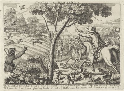 Jacht op patrijsvogels Partridge Hawking (titel på objekt) Jachtpartijen (serietitel) Flere måder at jage, jage og fiske på, ifølge engelsk maner (serietitel) af Richard Gaywood (possibly)