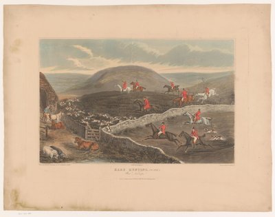Landskab med hunde og jægere til hest, der løber gennem marker Harejagt, Plade 2. Krigsroer! (titel på objekt) af Richard Gilson Reeve