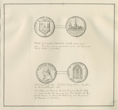 Lichfield - Medals of Lichfield Cathedral and the City Arms, og et portræt af Richard Greene: pentegning, nd [begyndelsen af det 19. århundrede] (tegning) af Richard Greene