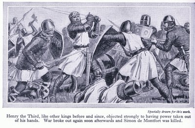 Henrik III protesterede kraftigt mod at få sin magt taget ud af hans hænder. Krig brød ud og Simon de Monford blev dræbt, ca. 1950 af Richard Henry Brock