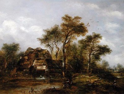Overshot Mill with Man Fishing (olie på lærred) af Richard Hilder