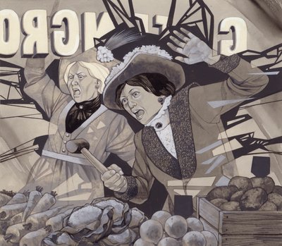 Suffragetter smadrer vinduer (gouache på papir) af Richard Hook