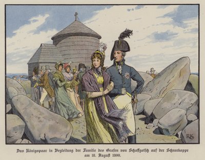 Kong Frederik Vilhelm III og Dronning Louise af Preussen i selskab med grev von Schaffgotschs familie på Schneekoppe, august 1800 (farve litho) af Richard Knotel