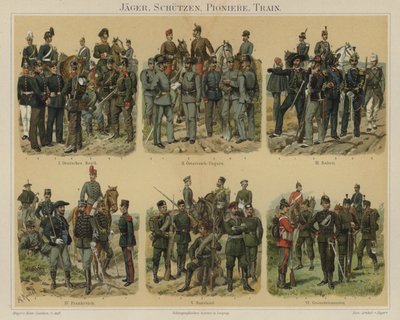 Riflemænd, pionerer og forsyningstropper fra europæiske hære (farve litho) af Richard Knotel