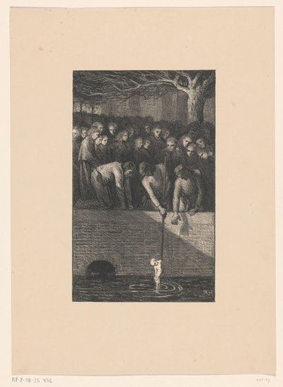 Mand tager et babylig ud af en kanal Kloakken kaster sin elendighed op (original titel) af Richard Nicolaüs Roland Holst