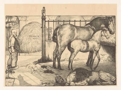 To heste ved et høstativ i en stald At the state rack (original titel) af Richard Nicolaüs Roland Holst