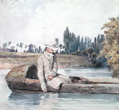En mand, der fisker fra en båd på en flod (akvarel på papir) af Richard Parkes Bonington