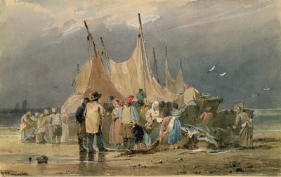 Fiskere på en strand, en storm nærmer sig (akvarel) af Richard Parkes Bonington