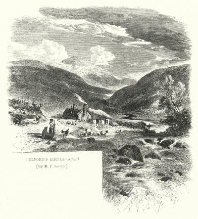 Telfords fødested (gravering) af Richard Principal (after) Leitch