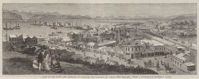 En del af byen og havnen i Dunedin, hovedstaden i Otago, New Zealand af Richard Principal Leitch