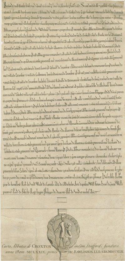 Croxden Abbey - Säätiön peruskirja: kaiverrus af Richard Rawlinson