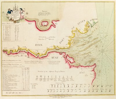 Kort over Themsen fra London til Nore, Margate og Downs, nordlige, midterste og sydlige kanaler, fra en opmåling foretaget i 1789 og 90 af Richard Stanier