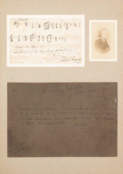 Autograf musikalsk citat monteret med carte-de-visite fotografi af Wagner og en herkomstnote af Richard Wagner