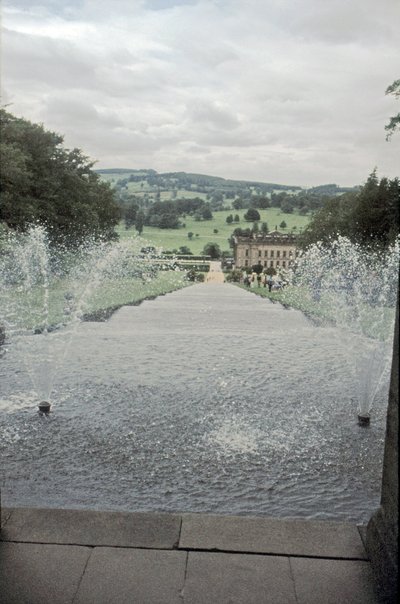 Chatsworth House fra toppen af Cascade, Derbyshire, c1980