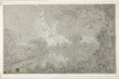 Banks of the River Dee nær Eaton Hall, Cheshire, ca. 1759 (sort-hvidt kridt på blåt lagt papir, lagt ned på kort) af Richard Wilson