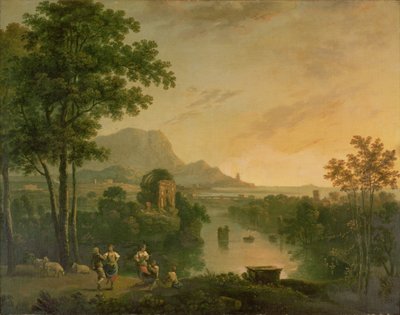 Kystlandskab om aftenen med hyrder og hyrdeinder, der danser af Richard Wilson
